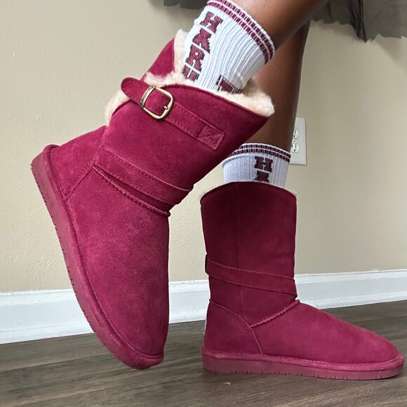 Bearpaw Burgundy Suede Buckle Boots Size 7 - Picture 1 of 11